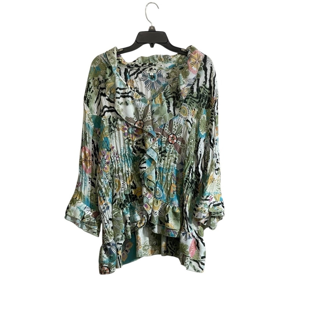 Argora Blouse 3X Multicolor Floral Abstract Ruffled Crinkle Boho Artsy Sequin